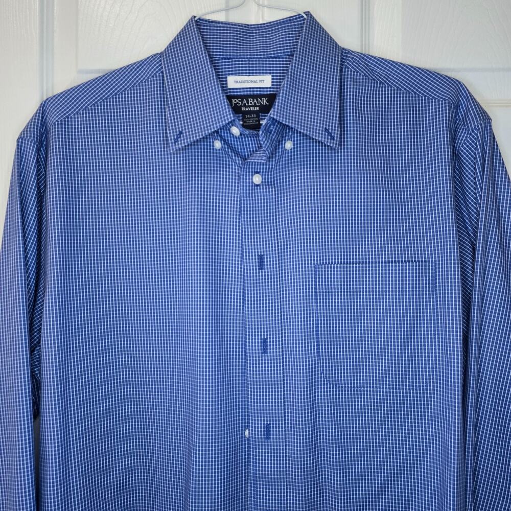 Jos A Bank Traveler Dress Shirt Mens 16-33 Blue Check Traditional Fit Cotton